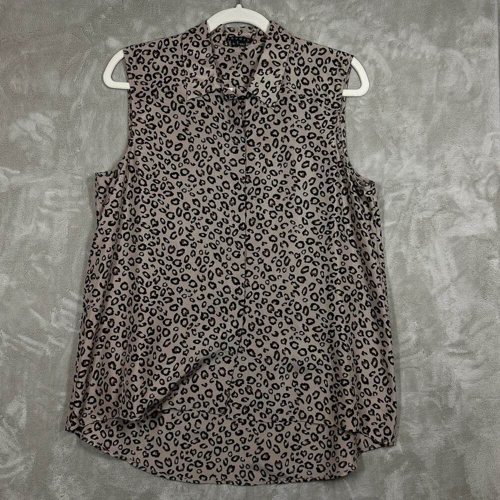 Theory Sleeveless Top Animal Print Blouse Size L Button Down Collared Shirt
